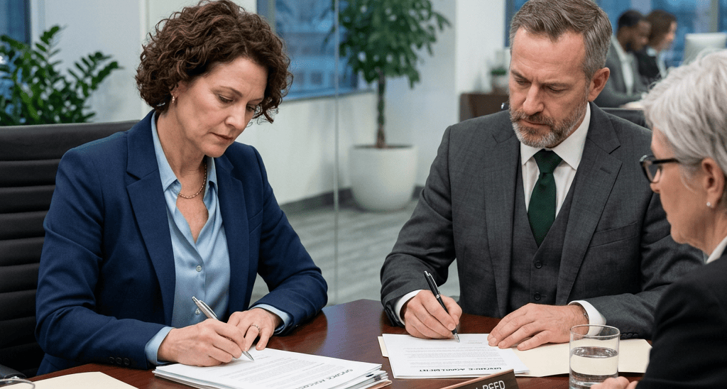 Three attorneys seated at a conference table signing legal documents
